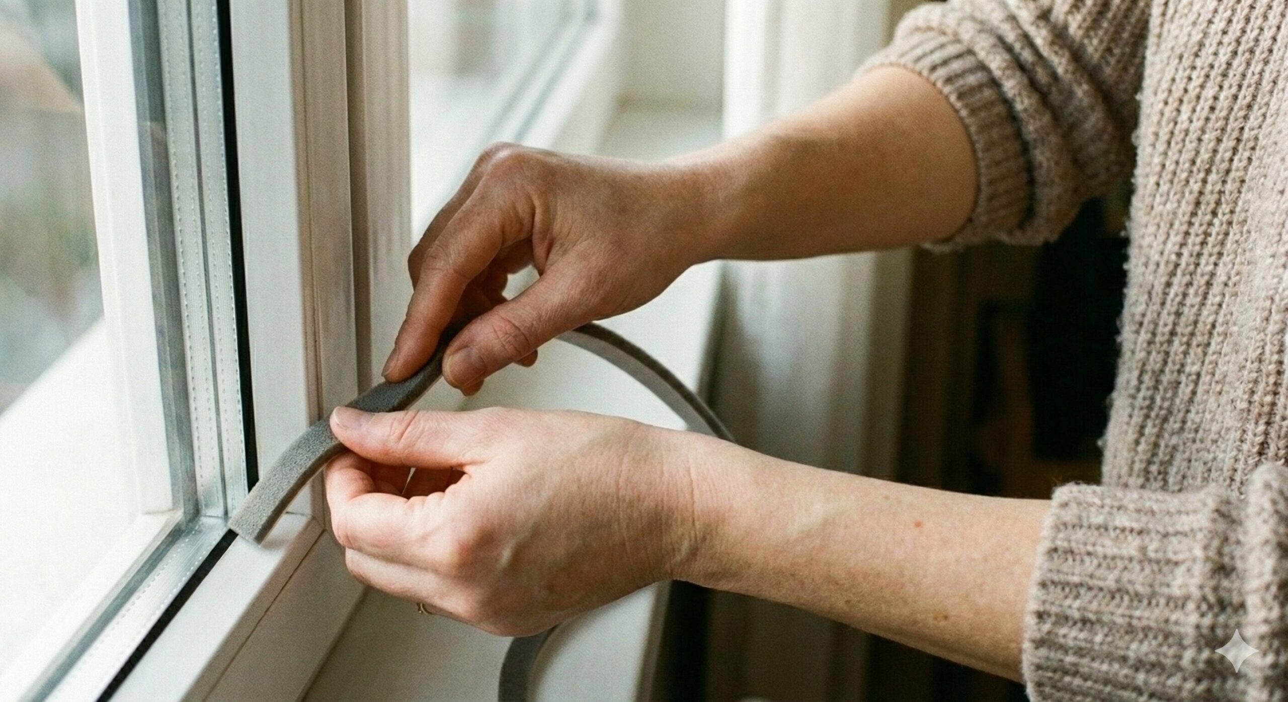 窓のサッシの隙間に、隙間テープを丁寧に貼り付けている様子の写真