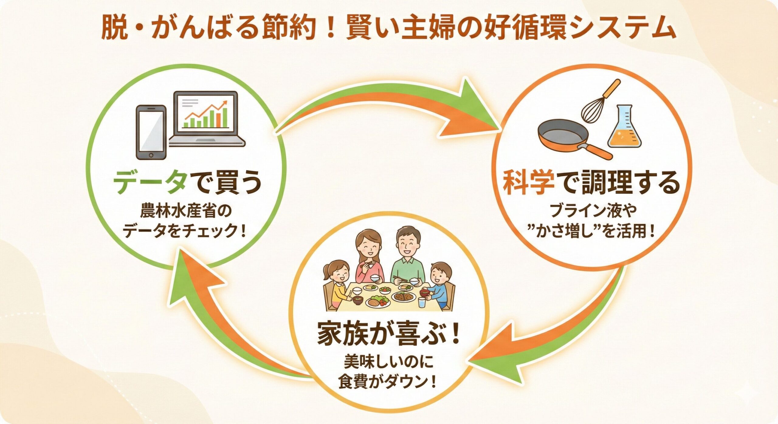 賢い節約のサイクルを示す図。データで買い、科学で調理することで、家族が喜び食費も減るという流れ。