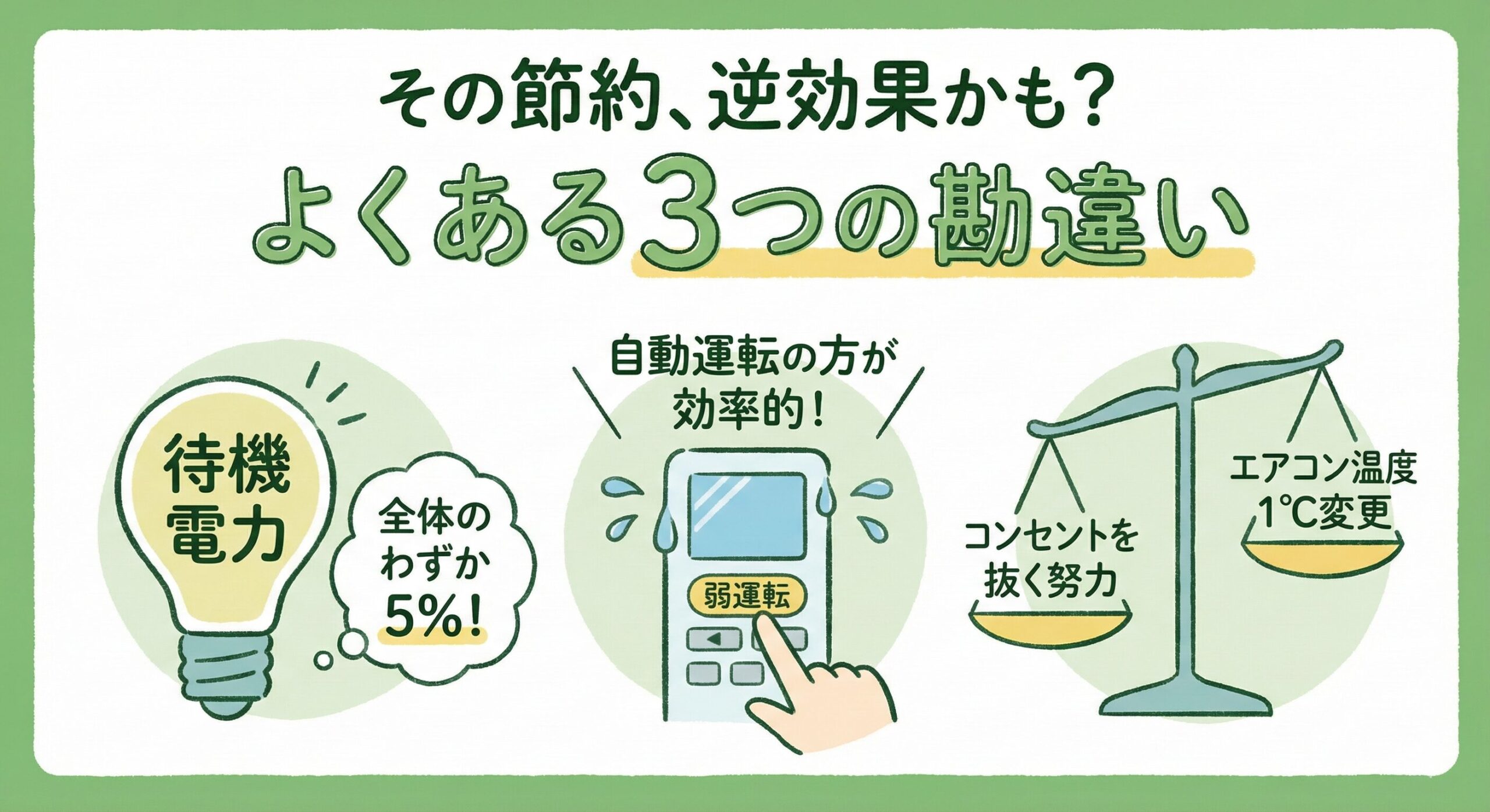 電気代節約に関する3つのよくある勘違いを示したイラスト。待機電力は全体の5%であること、エアコンは自動運転が効率的であること、そして節約術には効果の大きさに差があることを示している。