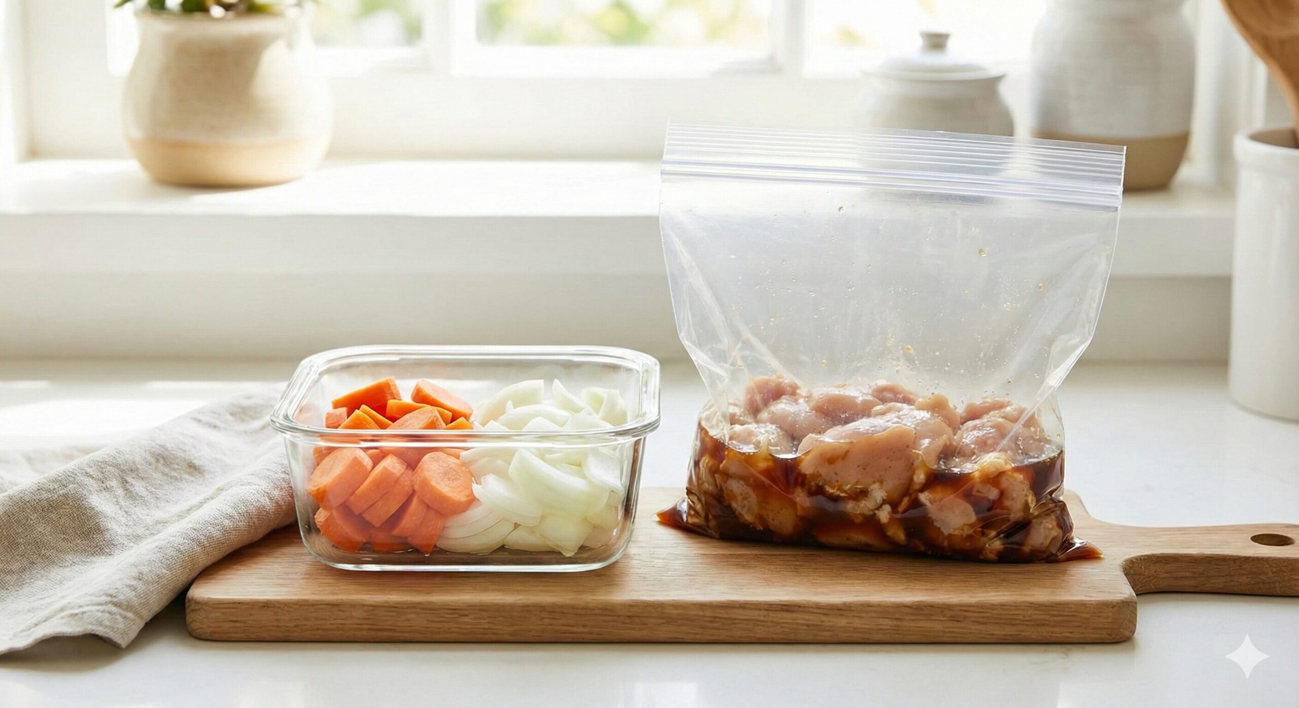 タッパーに入ったカット野菜と、ポリ袋で下味冷凍された鶏肉。週末の簡単な下ごしらえのイメージ。