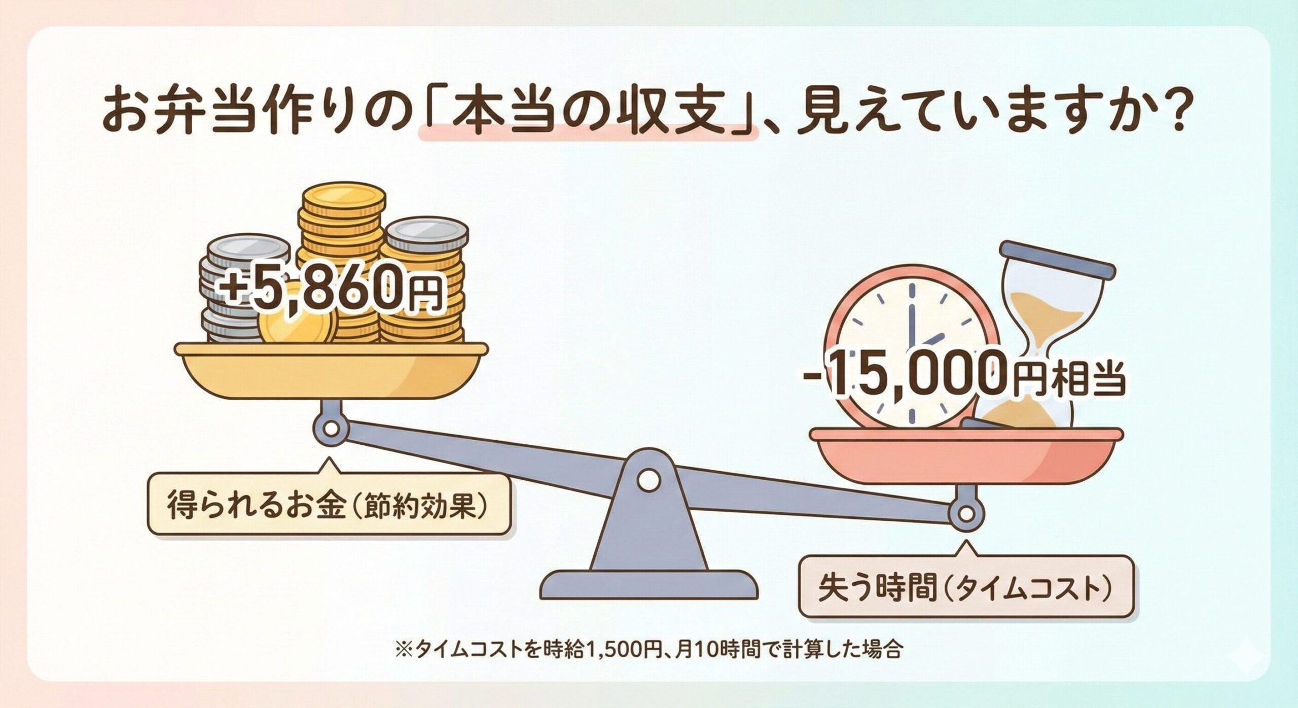 節約効果とタイムコストを比較する天秤のインフォグラフィック。節約額5,860円に対し、時間的コストが15,000円相当となり、天秤はコスト側に大きく傾いている。