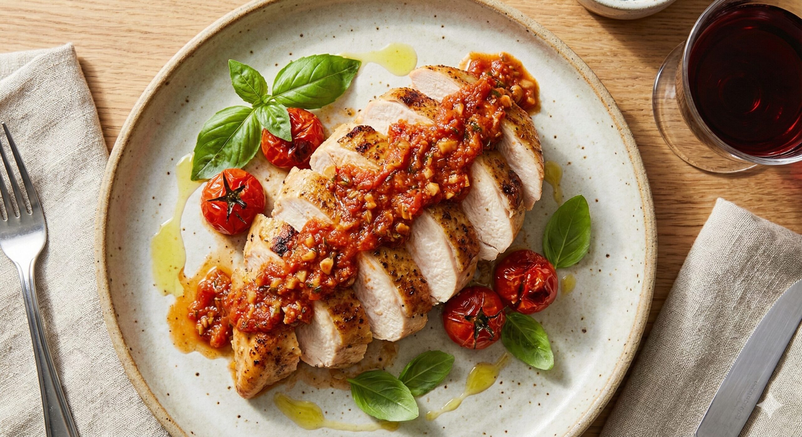 鶏むね肉で、ごちそうチキンステーキ トマトガーリックソース