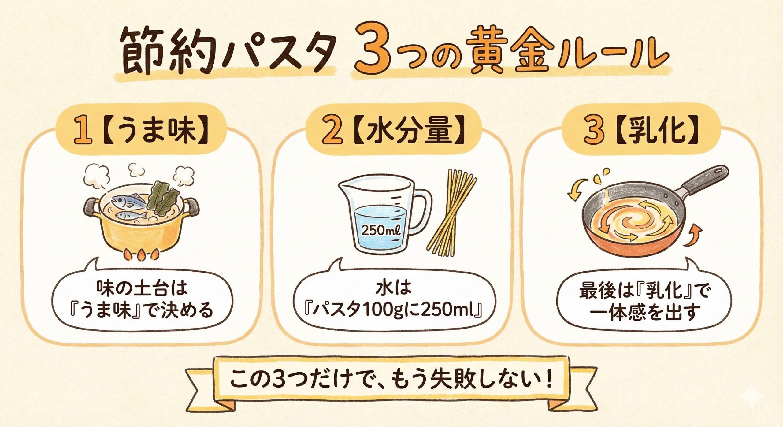 節約パスタを美味しく作る3つの黄金ルールを示した図解。ルール1はうま味、ルール2は水分量、ルール3は乳化。