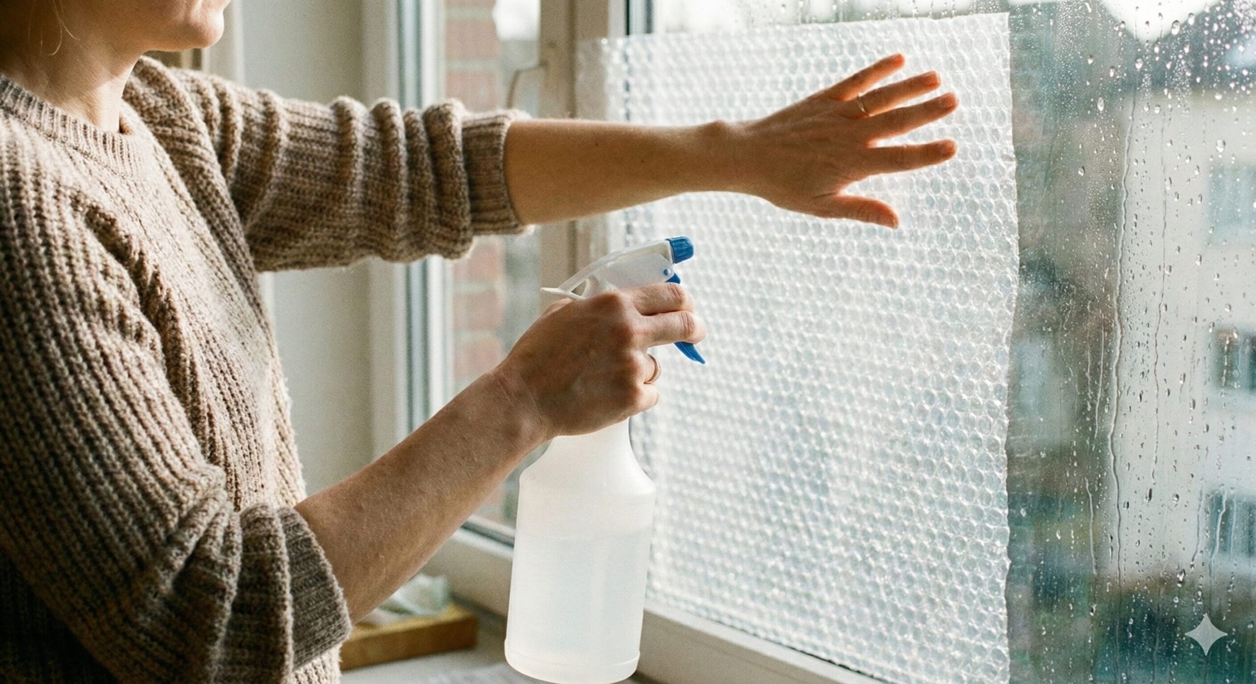 女性が窓ガラスに霧吹きで水をかけ、断熱シートを貼り付けている様子の写真