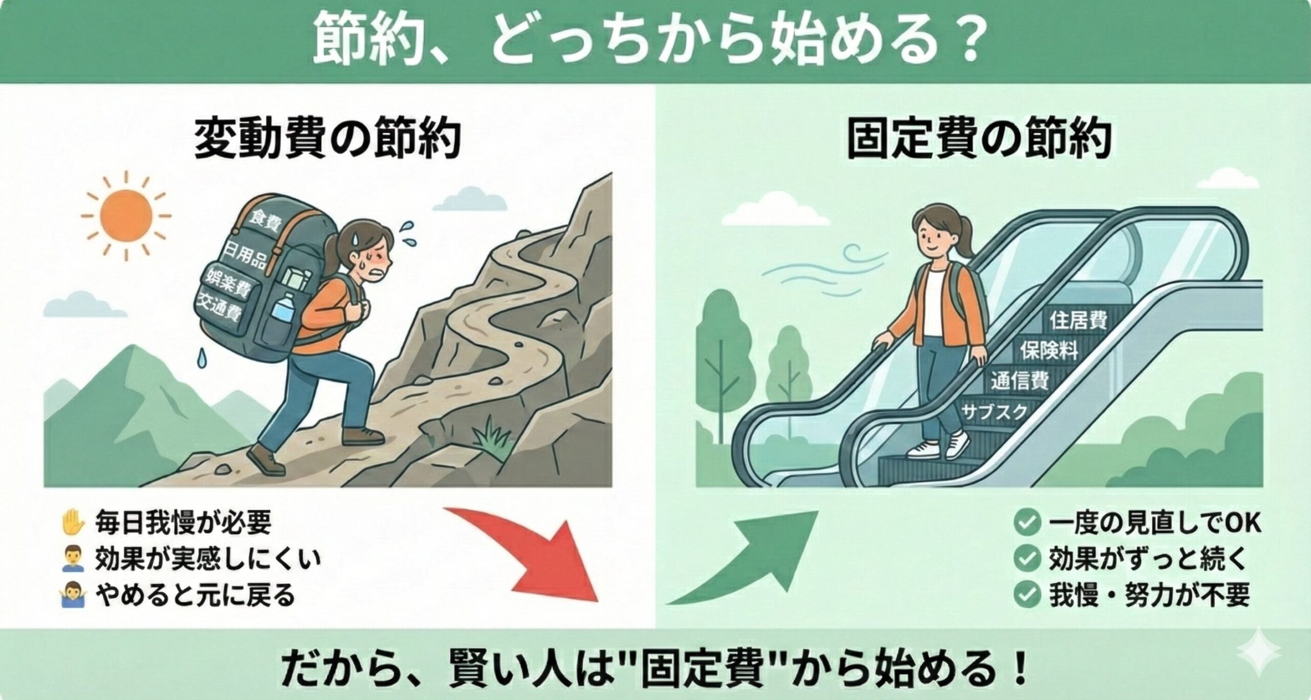 変動費の節約が坂道を登ることに、固定費の節約がエスカレーターに乗ることに例えられ、固定費から始める優位性を示した図解