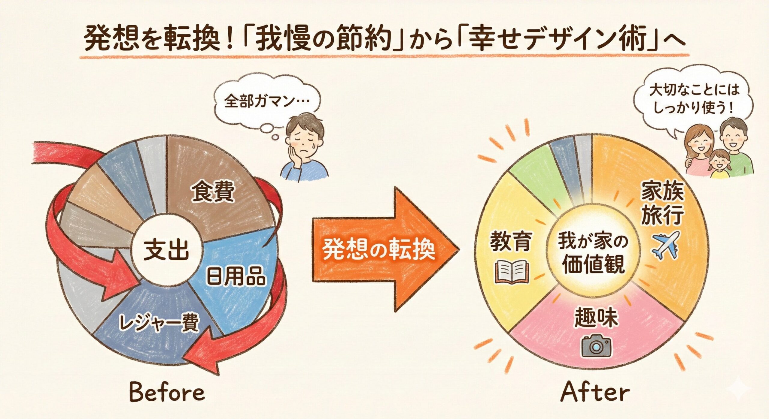 節約の考え方の変化を示す図解。左側では全ての支出を我慢しているが、右側では家族の価値観に基づいて支出にメリハリをつけている様子。